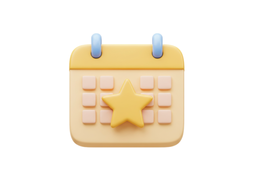 Yellow calendar with star isolated PNG, 3D rendering of event planning icon for schedule management and reminder