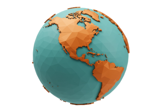 Low poly globe of the Americas isolated on transparent PNG, stylized earth model with North and South America continents