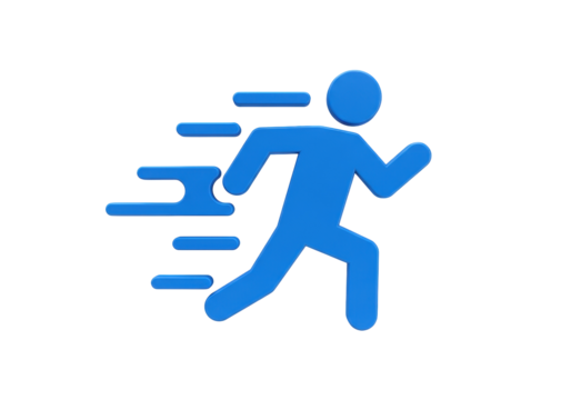 Blue running man PNG isolated on transparent background, fast delivery or speed concept for business and sports