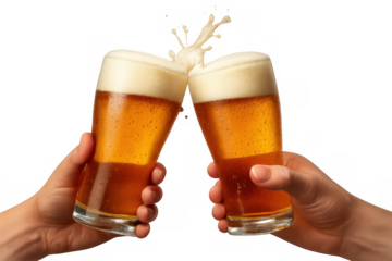 Hands toasting two pints of sparkling cold beer with a white foam splash, celebrating good times. Transparent background