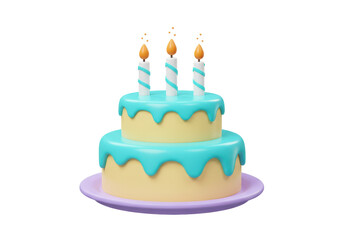 Two-tiered birthday cake with candles isolated on transparent background, 3D rendering of a festive dessert for celebration