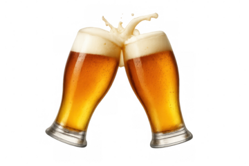 Two beer glasses clinking for a celebratory toast, splashing froth, enjoying refreshing lager with transparent background