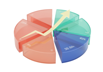 3D pie chart with arrow isolated on transparent background, business data visualization for presentation and infographics