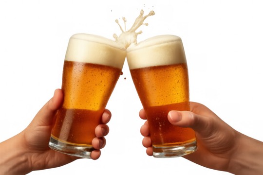 Hands toasting two pints of sparkling cold beer with a white foam splash, celebrating good times. Transparent background
