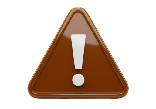 Brown triangle warning sign with exclamation mark isolated PNG, attention symbol for danger and caution on transparent background