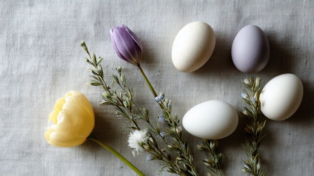 Overhead layout of zero-waste Easter decor with flowers and painted eggs, natural and festive styling.