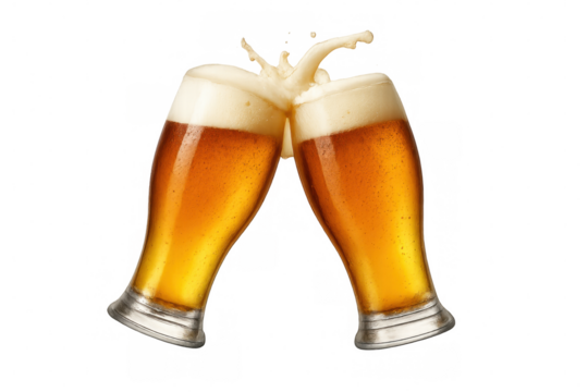 Two beer glasses clinking for a celebratory toast, splashing froth, enjoying refreshing lager with transparent background