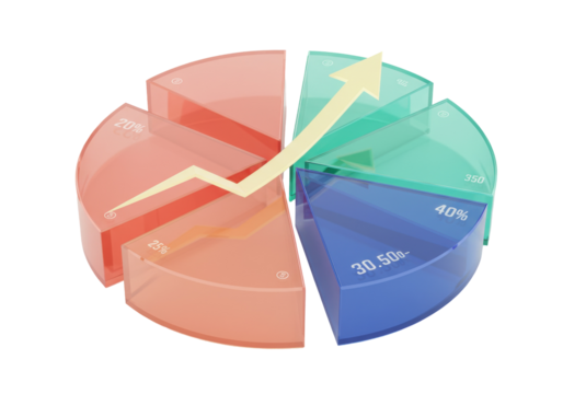 3D pie chart with arrow isolated on transparent background, business data visualization for presentation and infographics