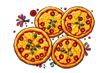 Hot pizza drawing. Cheesy, illustration food, appetizing.
