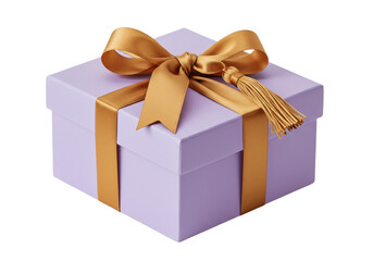 Elegant lavender gift box with gold ribbon and tassel isolated, present for special occasions and celebrations
