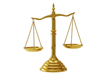 Golden scales of justice isolated on transparent background, law and legal system concept in PNG format