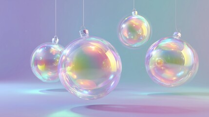 Hanging iridescent baubles &mdash; pastel pink, purple & blue &mdash; holiday / celebration background