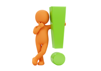 Orange 3D man leaning on green exclamation mark isolated PNG, concept of problem solving and decision making