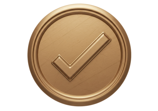 Golden coin with check mark isolated on transparent background, approval symbol for finance and business concepts PNG