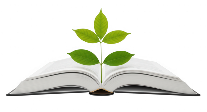 Plant growing from an open book isolated on transparent background