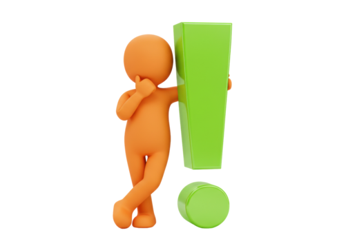 Orange 3D man leaning on green exclamation mark isolated PNG, concept of problem solving and decision making