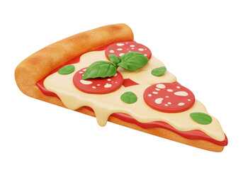 Delicious pepperoni pizza slice isolated PNG, appetizing fast food with basil leaves and melted cheese on transparent background
