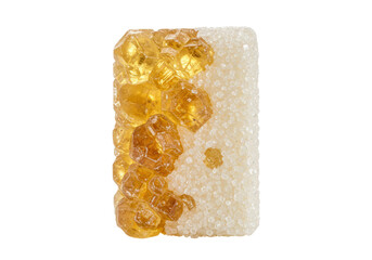 Crystallized sugar cube isolated on transparent background, brown and white sugar candy for coffee and tea sweetener