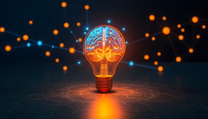 A glowing lightbulb with a brain inside, symbolizing innovation and new ideas, set against a dark, abstract background with connecting nodes.