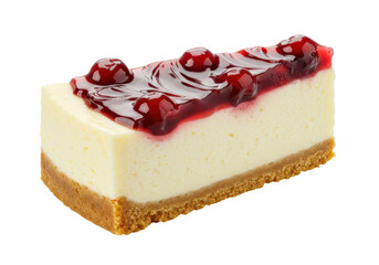 Delicious cherry cheesecake slice isolated, creamy dessert with graham cracker crust and sweet fruit topping