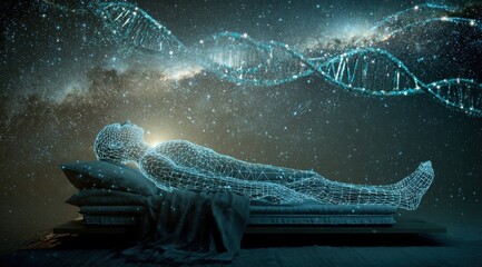 3d rendering of a human body lying on a with a holographic digital wireframe floating above it and glowing dna strands connecting to each other