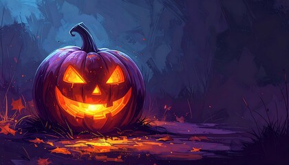 An eerie illustration features a glowing jack-o'-lantern in a shadowy forest setting. Autumn leaves scatter the ground, enhancing the mystical atmosphere