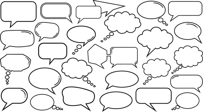 Collection of hand-drawn speech bubbles and thought balloons for communication and ideas presentation