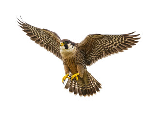 Peregrine falcon flying PNG isolated on transparent background, bird of prey with outstretched wings and yellow talons, wildlife