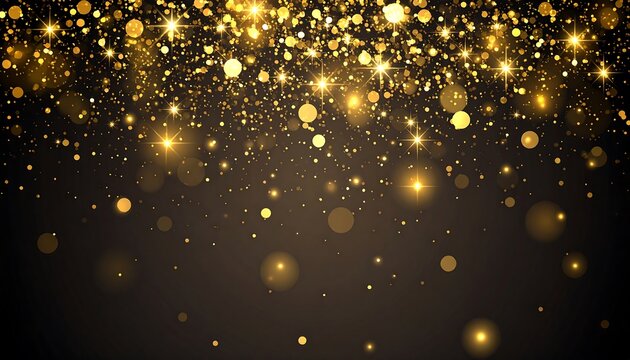 An abstract background of cascading golden glitter and bokeh against a dark brown gradient. Sparkling, bright, and festive effect