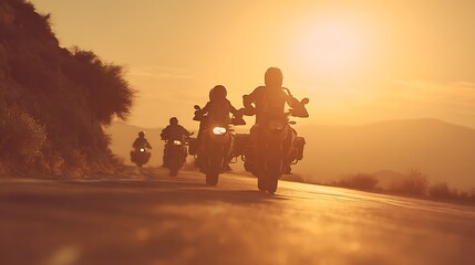 A group of motorcyclists riding together along a road, possibly on an adventure or tour, capturing the spirit of freedom.