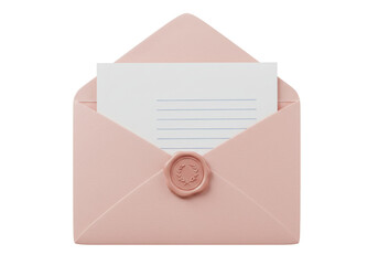 Elegant pink envelope with wax seal isolated, stationery mockup for invitations and greetings in PNG format