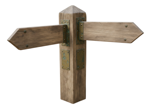 Rustic wooden signpost with two arrow signs isolated on transparent background, vintage direction marker for outdoor navigation