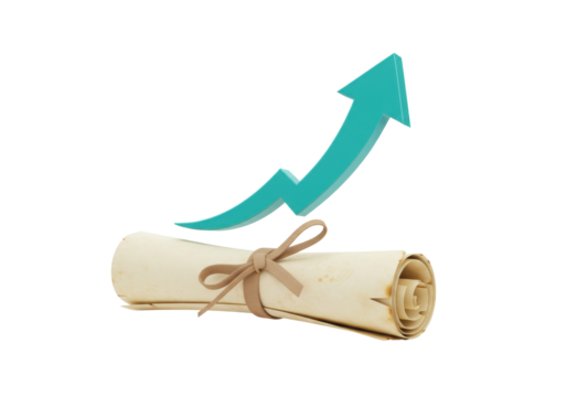 Scroll with teal arrow isolated on transparent background, symbol of growth and success in business and education PNG