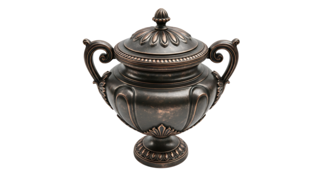 Ornate antique bronze urn with decorative handles and lid image, isolated on a white or transparent background, cutout, PNG