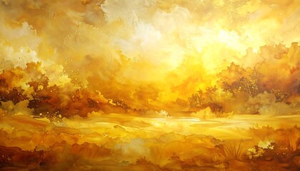 An abstract landscape bathed in warm, golden hues. Clouds and light create a celestial effect, with reflections below