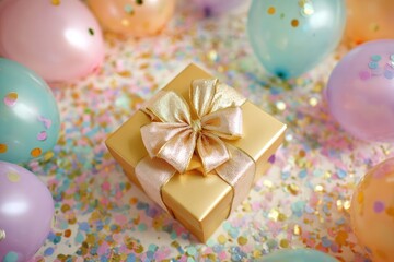 gold gift box with ribbon in a pastel birthday scene with balloons and confetti, a festive party backdrop for gift stores, party planners, event organizers