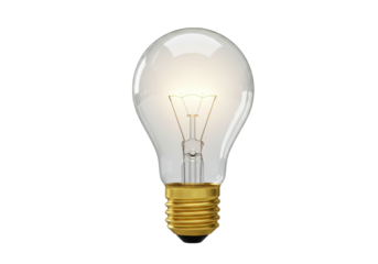Classic incandescent light bulb isolated, clear glass bulb with golden base for vintage lighting and energy concepts