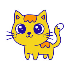 Illustration of hand drawn cute yellow cat with big eyes isolated on transparent background