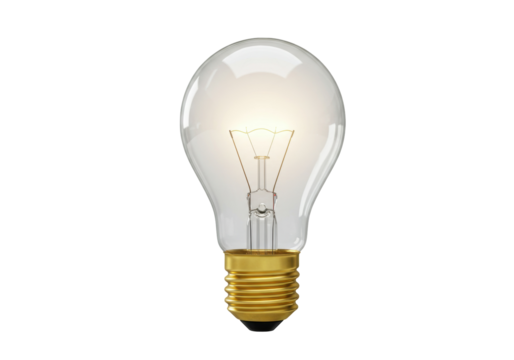 Classic incandescent light bulb isolated, clear glass bulb with golden base for vintage lighting and energy concepts