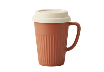 Terracotta mug with lid isolated on white, ceramic coffee cup with handle for hot drinks and beverages