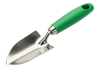 Small garden trowel with green handle isolated, hand tool for gardening and planting in flower beds and vegetable gardens
