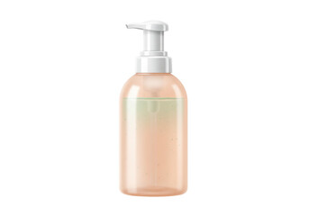 Transparent bottle with dispenser isolated PNG, peach container with liquid soap for hygiene and personal care on transparent background