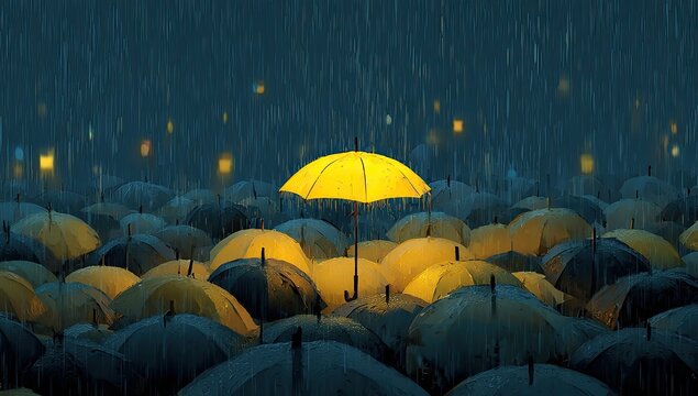 Multiple dark umbrellas with one distinct yellow umbrella standing above others