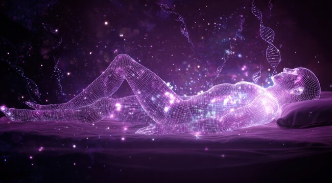 a hologram of a healthy human body lying down in , with dna strands and glowing ai elements surrounding it. the background is a dark purple starry