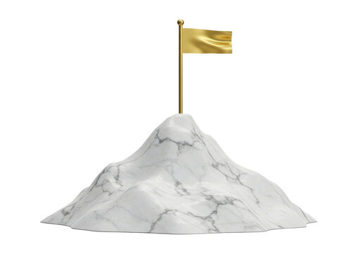 Marble mountain with golden flag isolated on transparent background, success concept achievement goal PNG