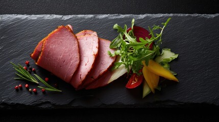 Elegant food arrangement of ham and vegetables on dark slate, rustic culinary concept.