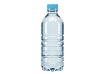 Clear plastic water bottle with blue cap isolated, refreshing drink container on a clean background