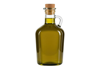 Olive oil in glass bottle isolated, extra virgin oil with cork stopper for cooking and healthy eating on transparent background