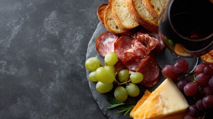 Flat lay of party snacks and charcuterie board with assorted appetizers and wine, elegant presentation.
