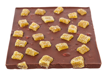 Delicious chocolate bar with candied ginger isolated, sweet treat for dessert or snack with a spicy and sweet flavor